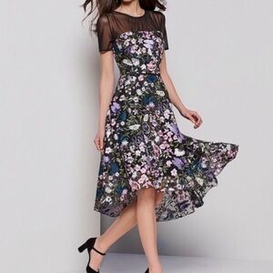 Alex Marie Size 16 Black Sheer Embroidered Floral Ruffled High-Low Midi Dress